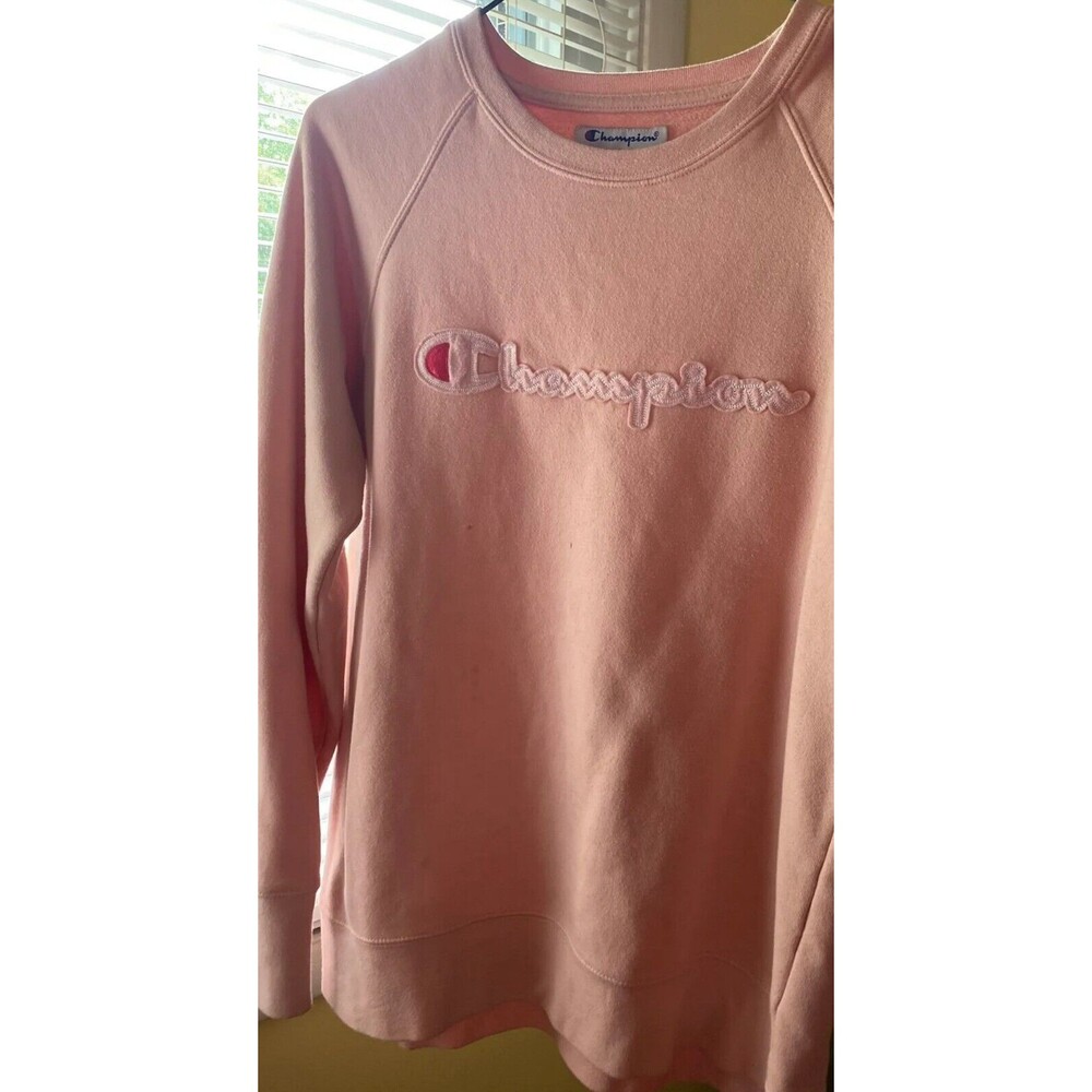 CHAMPION Women's Sweatshirt XL Pink LOGO Long Sleeve Crew Neck Fleece Top